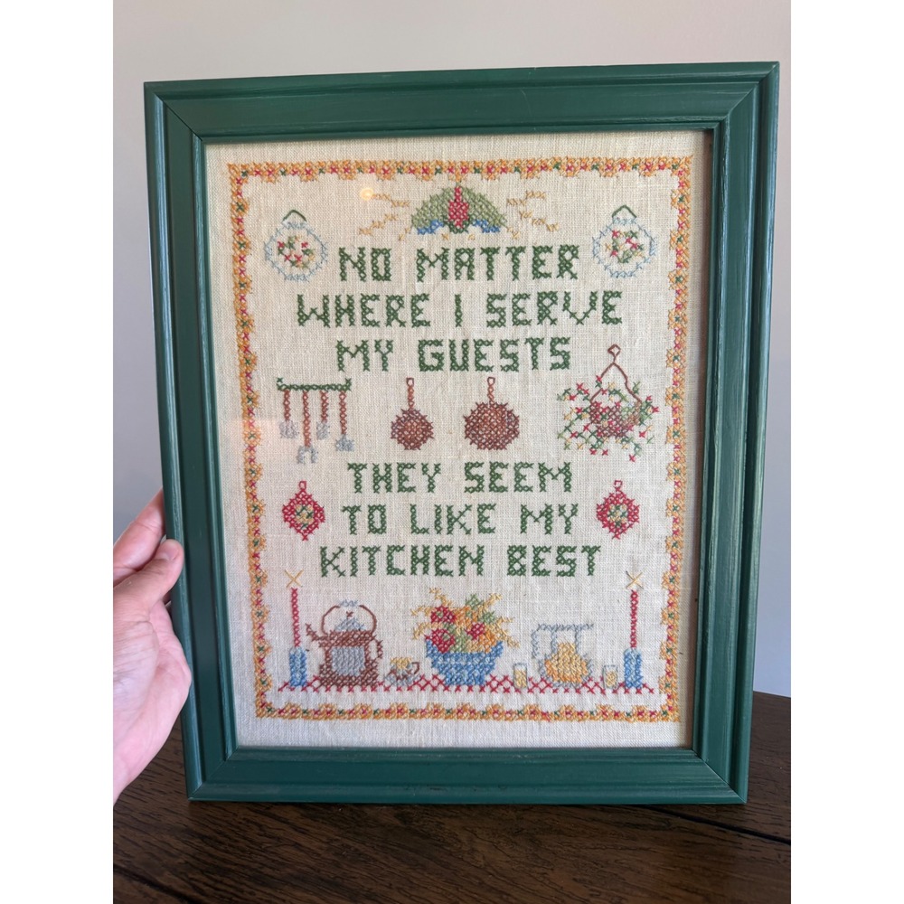 Handmade Framed Cross Stitch Farmhouse Kitchen Wall Art Green 12x15 Good Vintage
